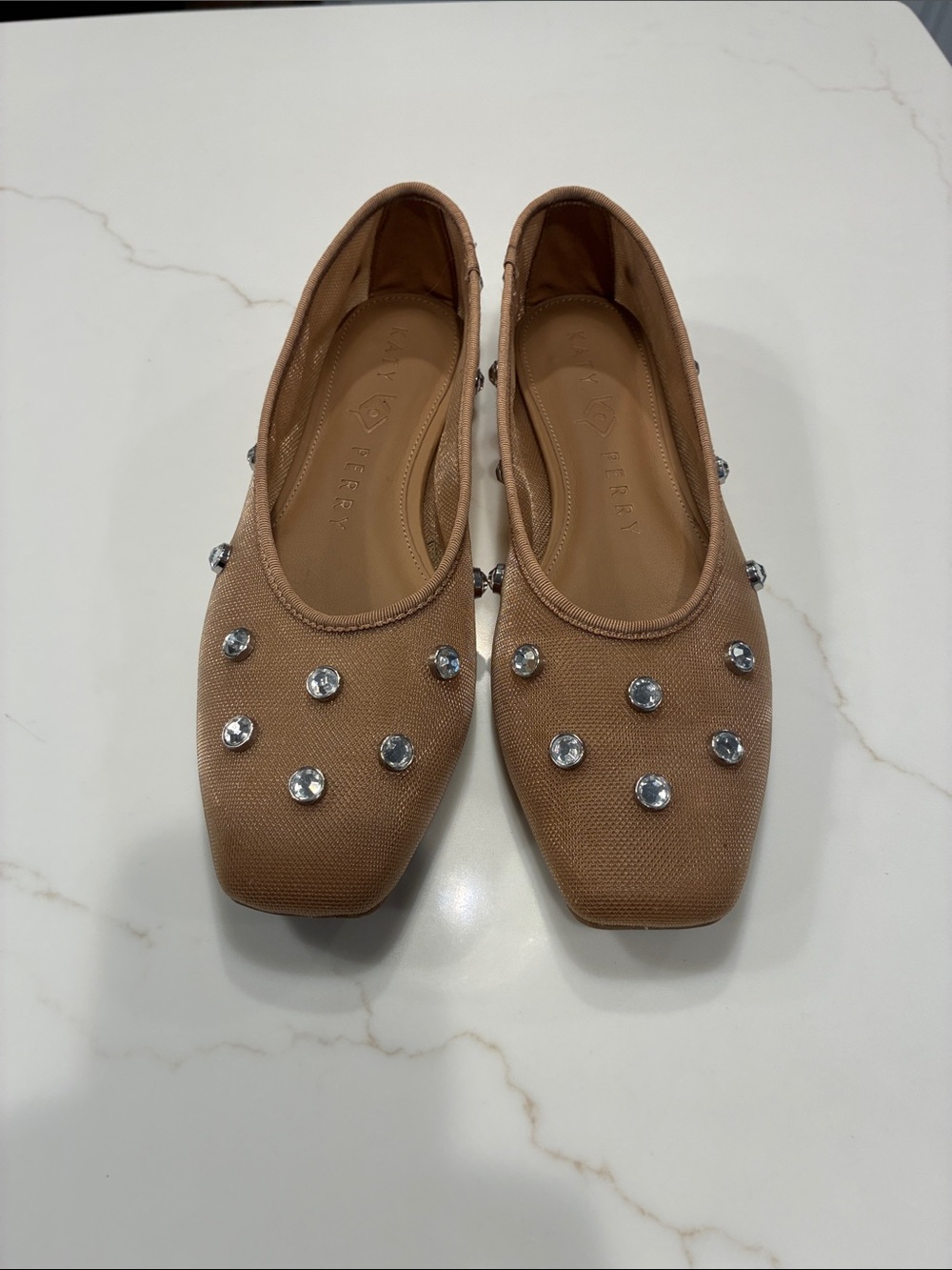 Katy Perry Collections Tan Crystal-Studded Ballet Flats